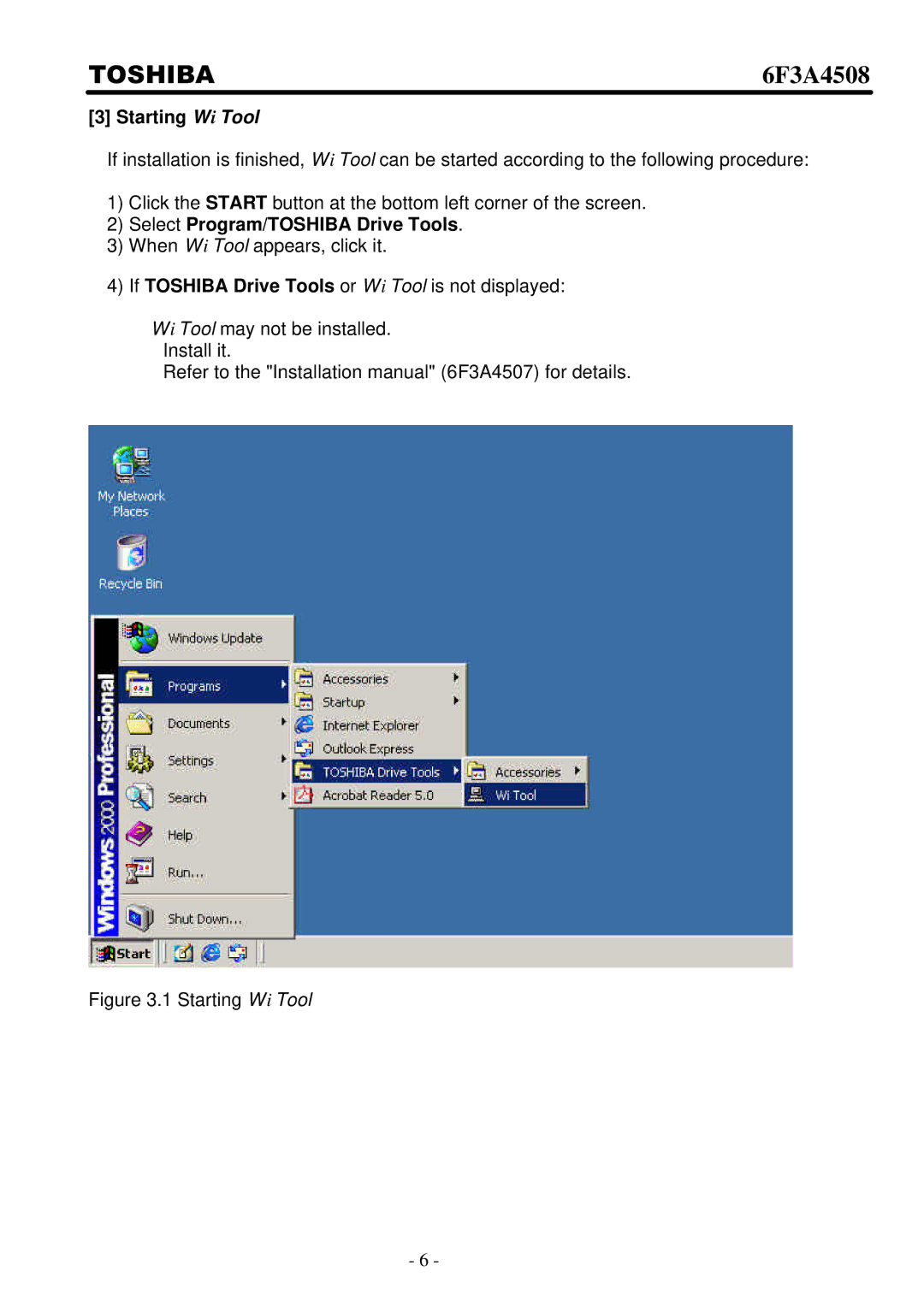 Toshiba 6F3A4508 manual Starting Wi Tool, Select Program/TOSHIBA Drive Tools 