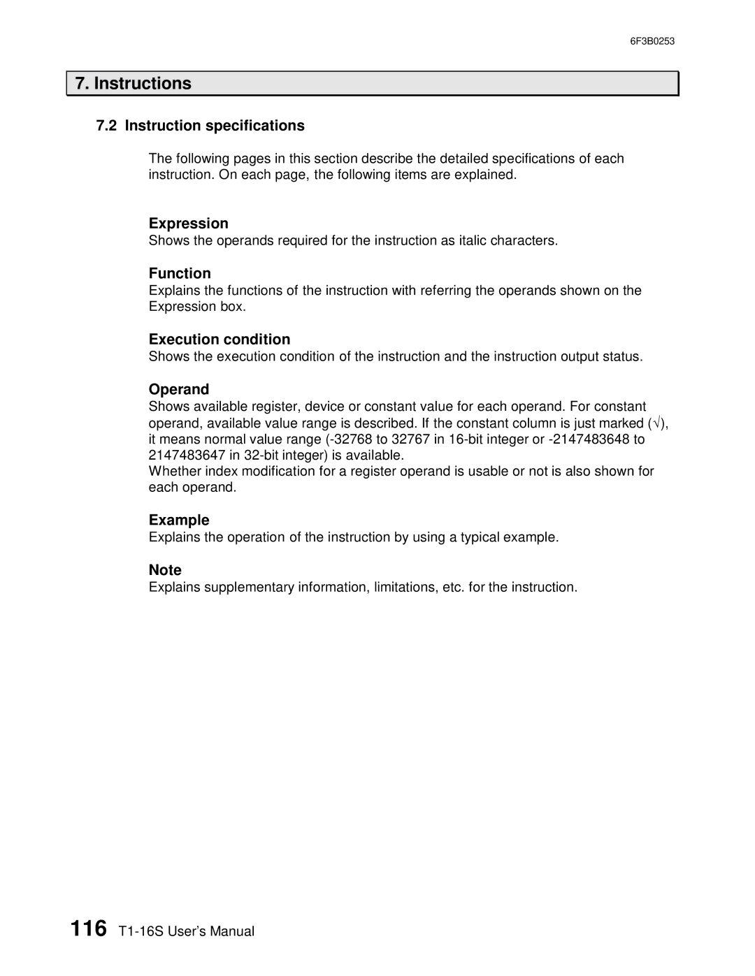 Toshiba 6F3B0253 user manual Instruction specifications, Expression, Function, Execution condition, Operand, Example 