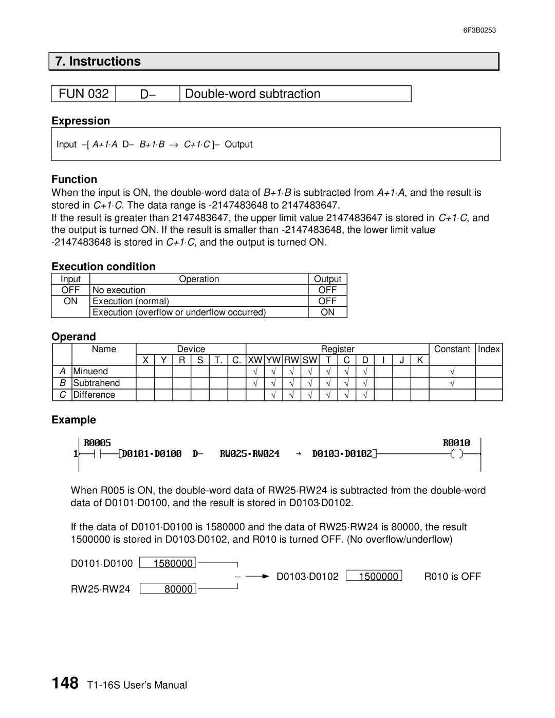 Toshiba 6F3B0253 user manual FUN Double-word subtraction 