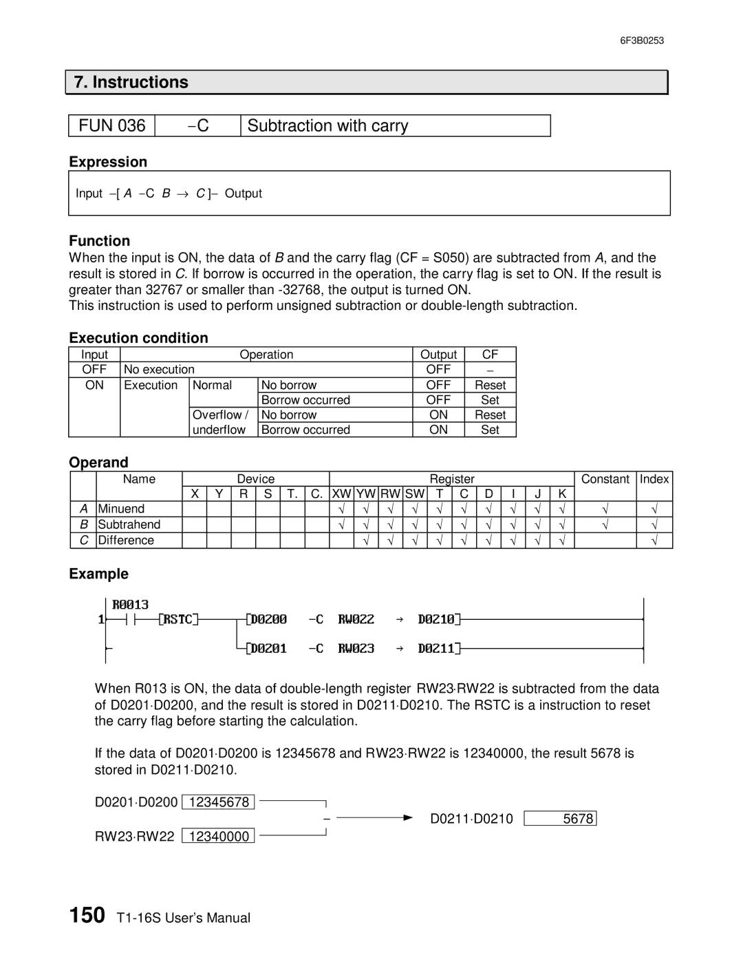 Toshiba 6F3B0253 user manual FUN Subtraction with carry 