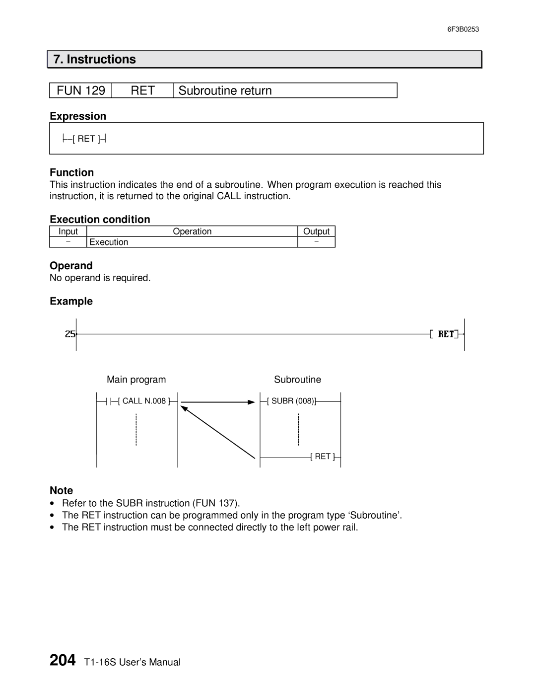 Toshiba 6F3B0253 user manual Ret, Subroutine return 