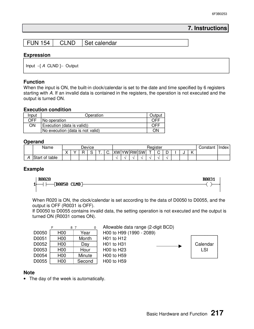 Toshiba 6F3B0253 user manual Clnd, Set calendar 