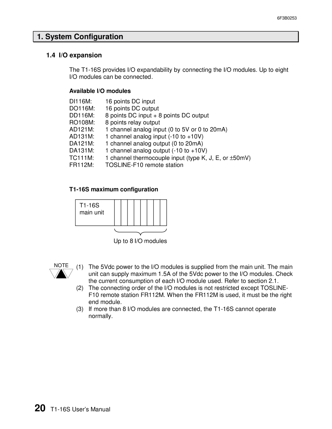 Toshiba 6F3B0253 user manual I/O expansion, Available I/O modules, T1-16S maximum configuration 