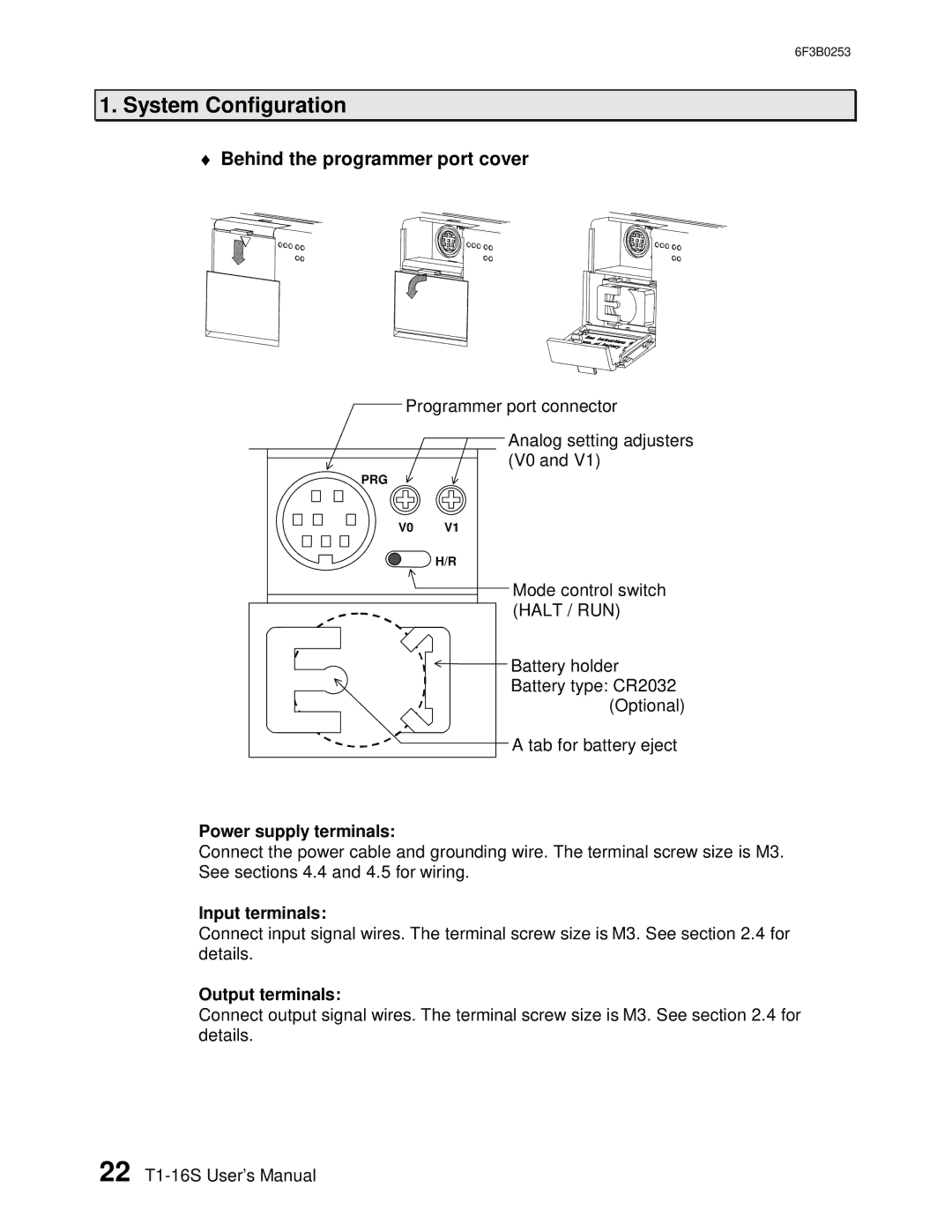 Toshiba 6F3B0253 user manual Behind the programmer port cover, Power supply terminals, Input terminals, Output terminals 