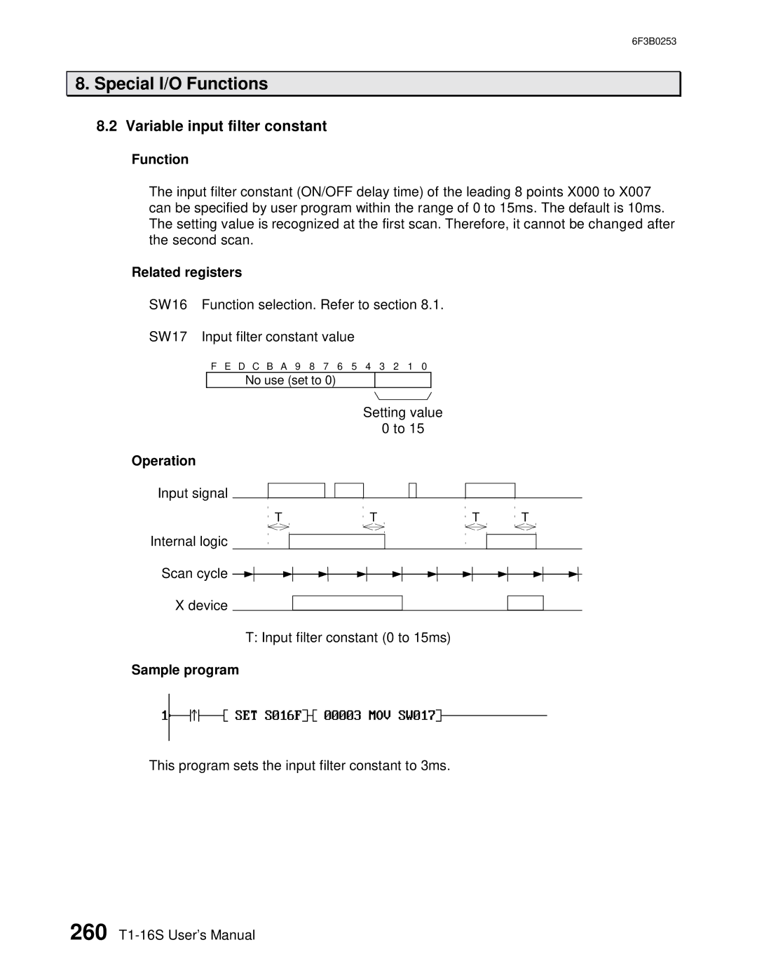 Toshiba 6F3B0253 user manual Variable input filter constant, Function, Related registers, Operation, Sample program 