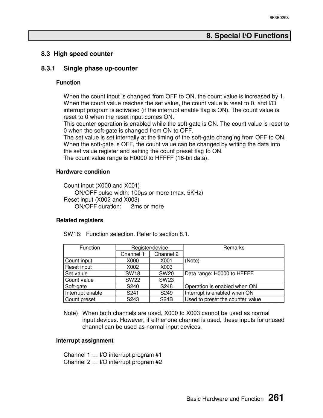 Toshiba 6F3B0253 user manual High speed counter Single phase up-counter, Hardware condition, Interrupt assignment 