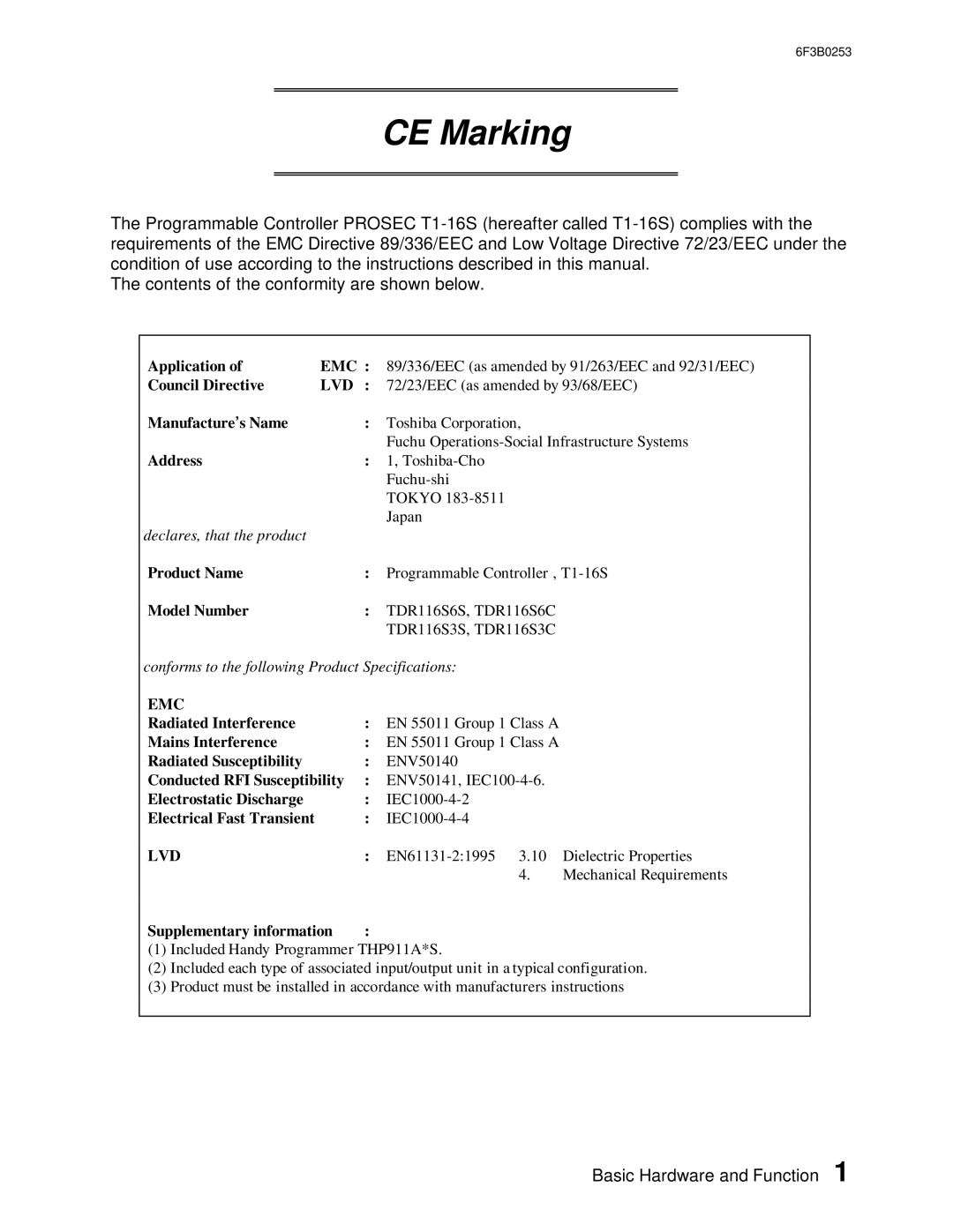 Toshiba 6F3B0253 user manual CE Marking 