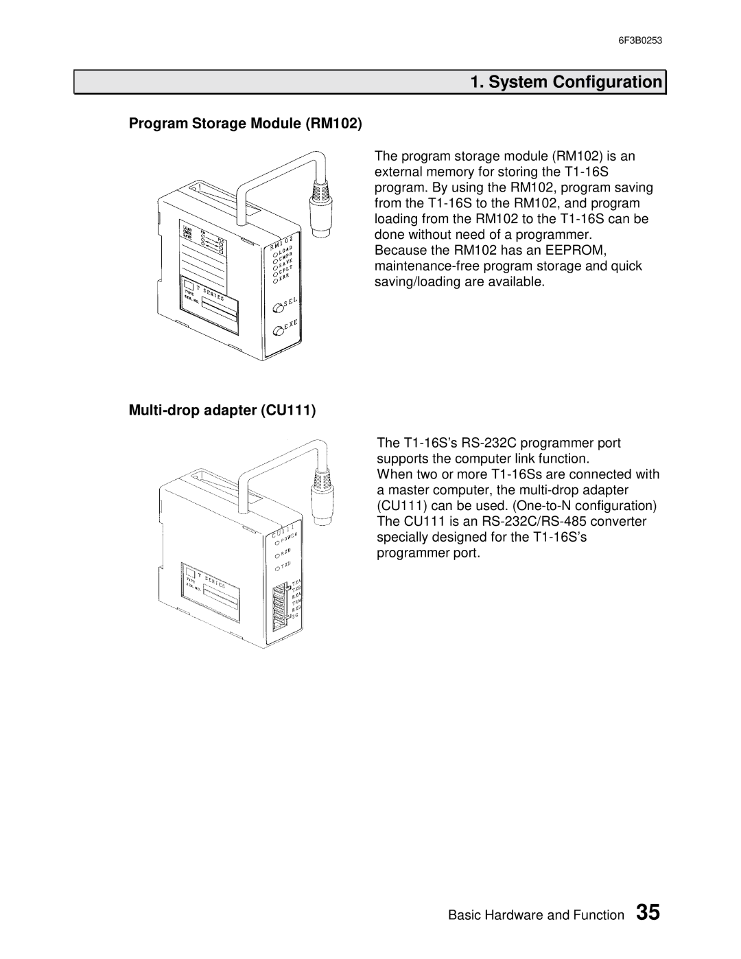 Toshiba 6F3B0253 user manual Program Storage Module RM102, Multi-drop adapter CU111 