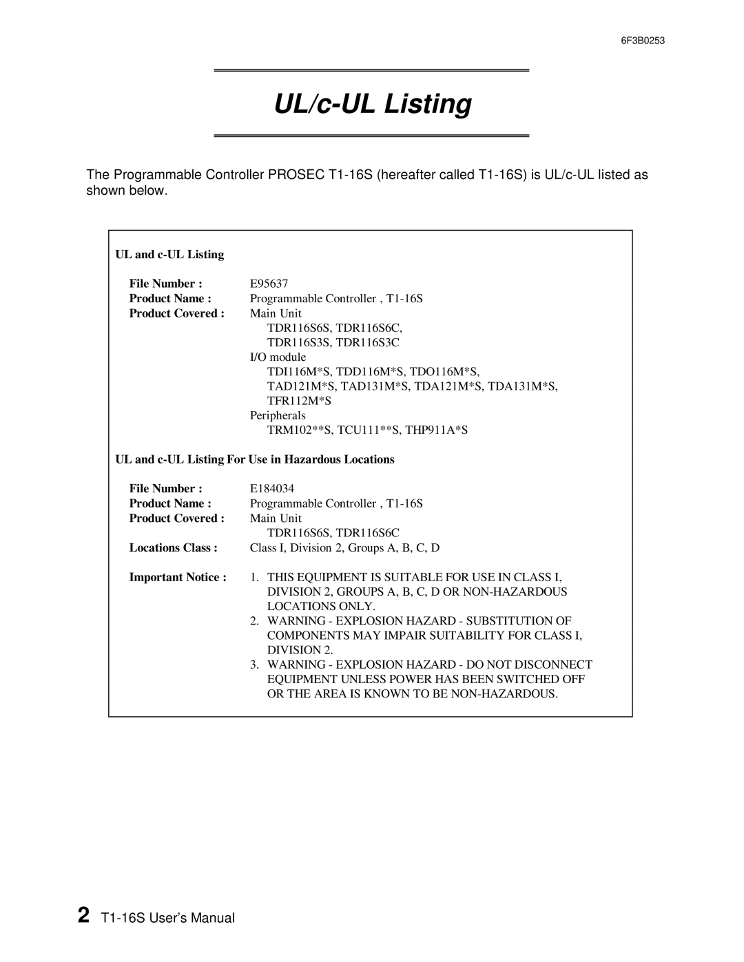 Toshiba 6F3B0253 user manual UL/c-UL Listing 