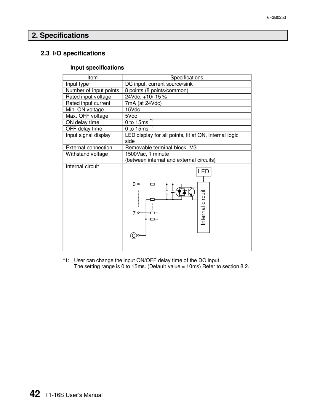 Toshiba 6F3B0253 user manual I/O specifications, Input specifications 