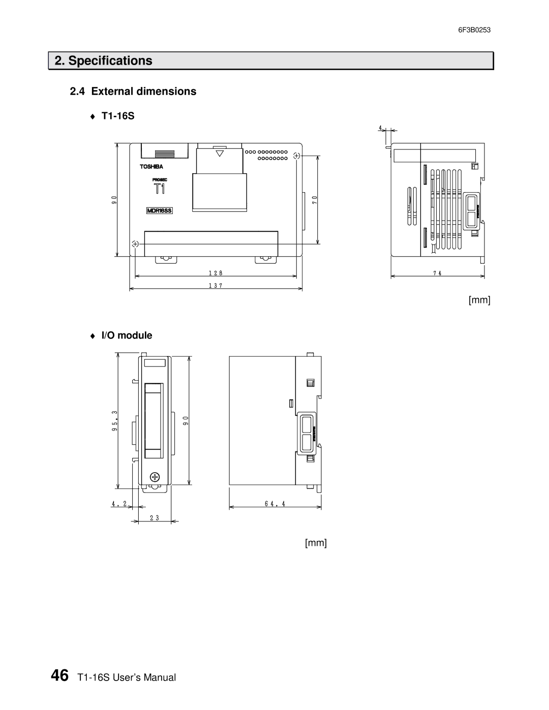 Toshiba 6F3B0253 user manual External dimensions, T1-16S Module 