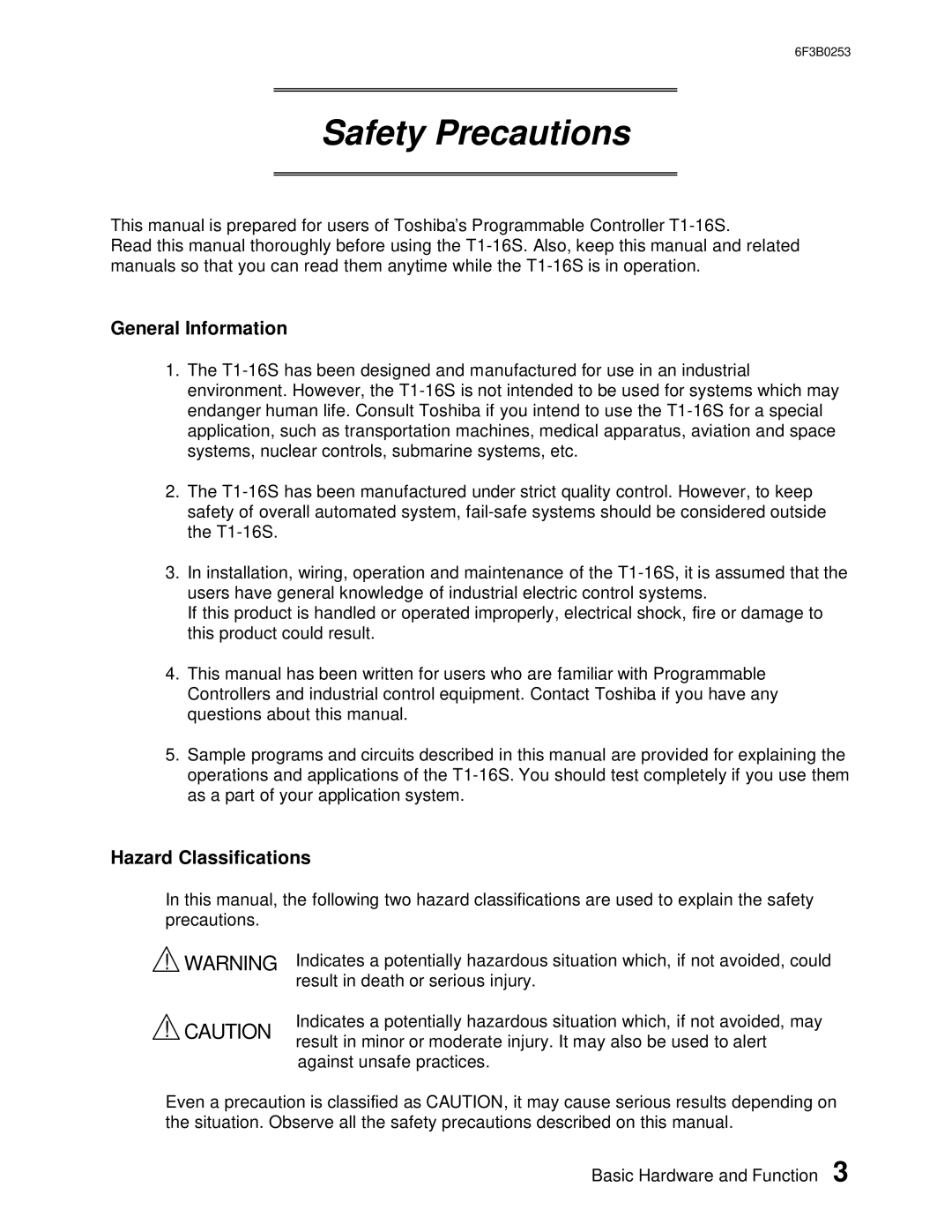 Toshiba 6F3B0253 user manual General Information, Hazard Classifications 