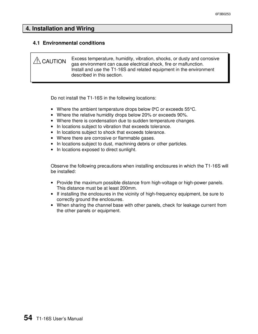 Toshiba 6F3B0253 user manual Installation and Wiring, Environmental conditions 