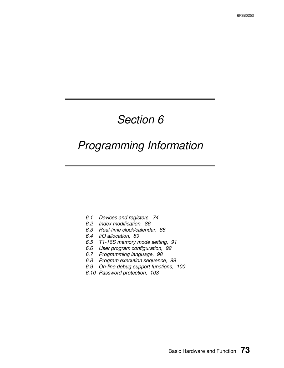 Toshiba 6F3B0253 user manual Section Programming Information 