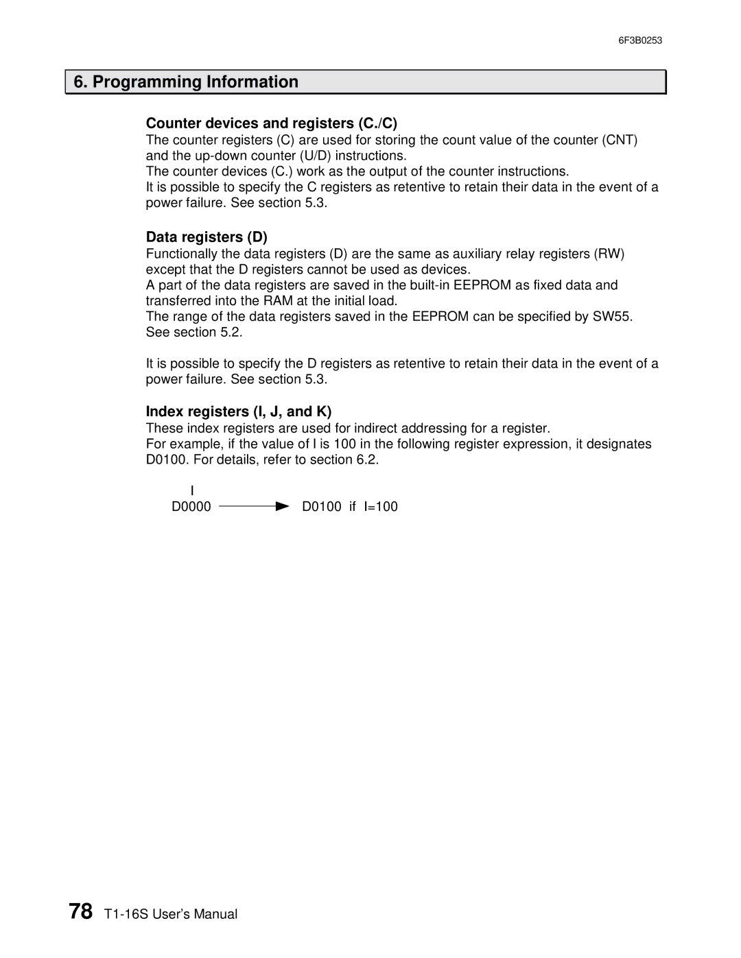 Toshiba 6F3B0253 user manual Counter devices and registers C./C, Data registers D, Index registers I, J, and K 