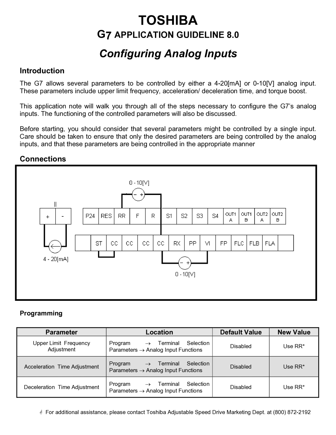 Toshiba 7 manual Toshiba, Configuring Analog Inputs, Introduction, Connections 