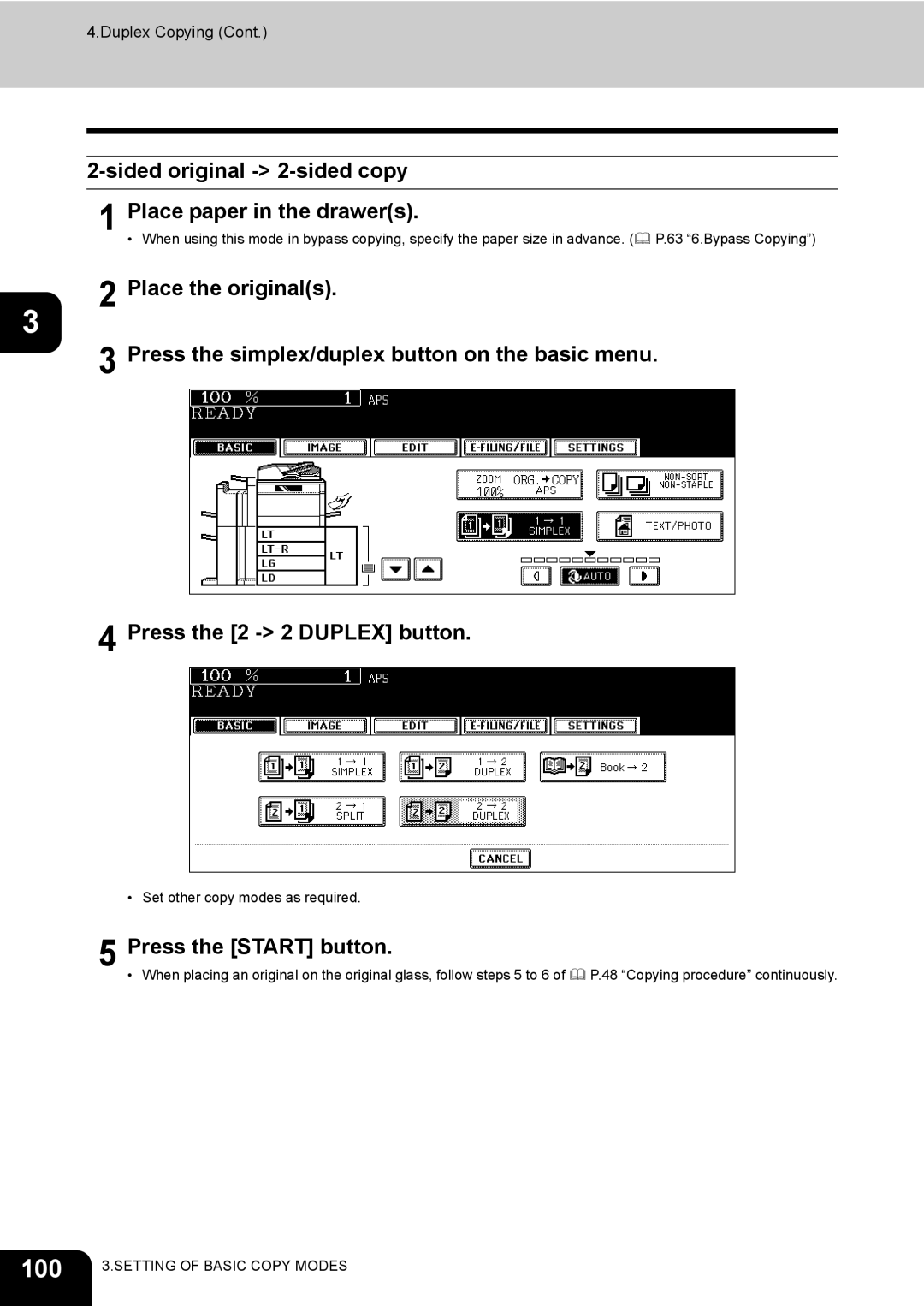 Toshiba 720, 850 manual 100, Sided original 2-sided copy Place paper in the drawers, Press the 2 2 Duplex button 