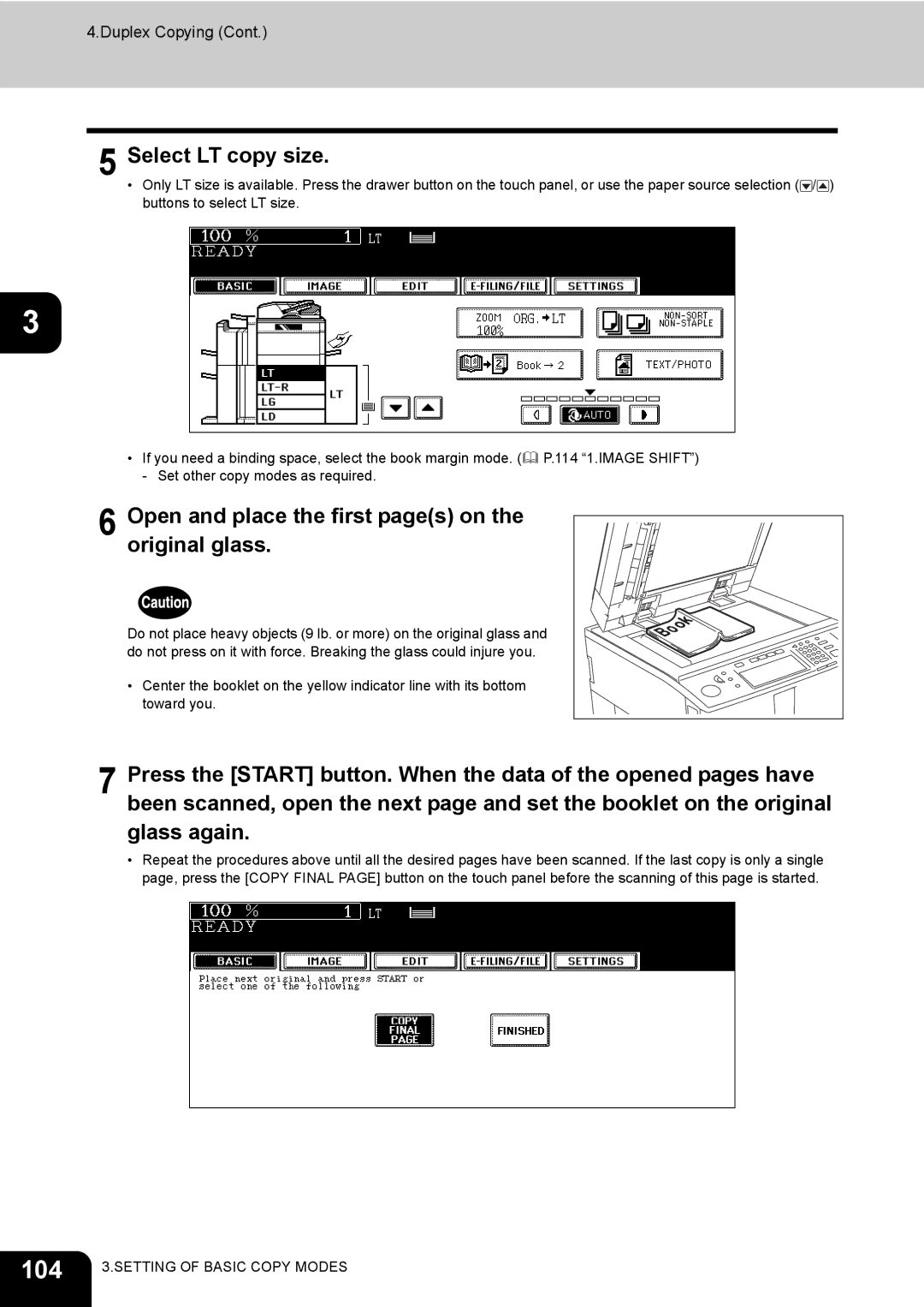 Toshiba 720, 850 manual 104, Select LT copy size, Open and place the first pages on the original glass 