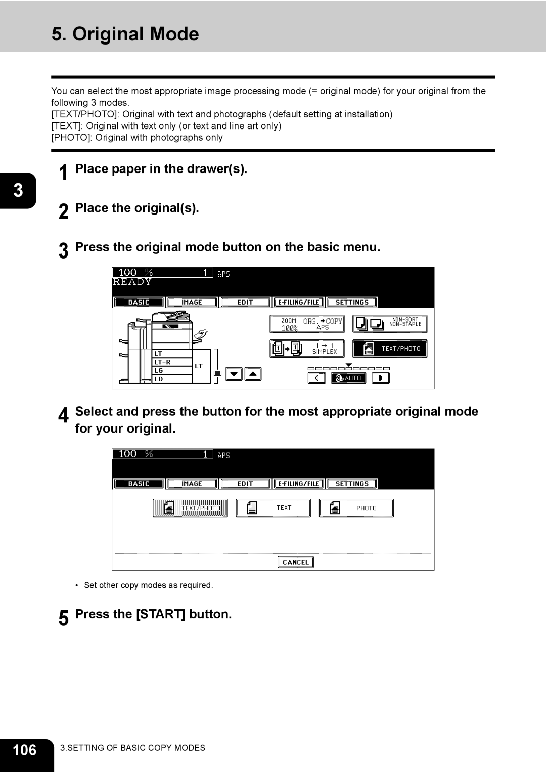 Toshiba 720, 850 manual Original Mode, 106, Press the original mode button on the basic menu 