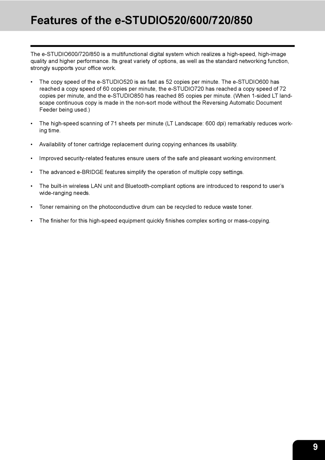 Toshiba manual Features of the e-STUDIO520/600/720/850 