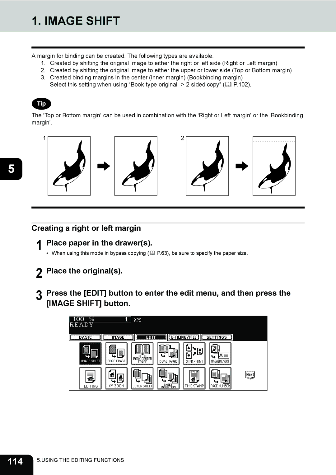 Toshiba 720, 850 manual Image Shift, 114, Creating a right or left margin Place paper in the drawers 