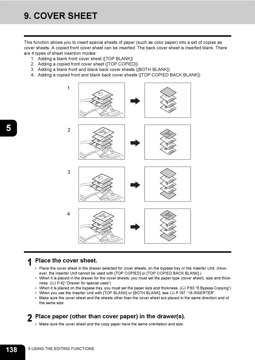 Toshiba 720, 850 manual Cover Sheet, 138, Place the cover sheet, Place paper other than cover paper in the drawers 