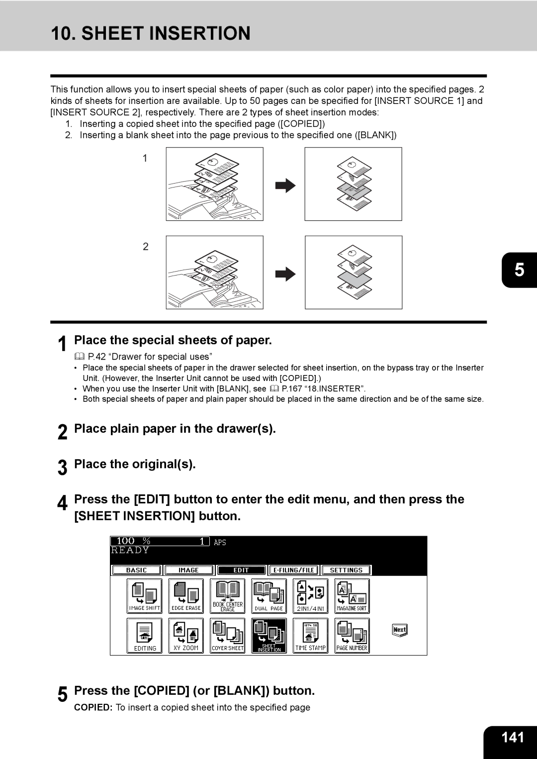 Toshiba 850, 720 manual Sheet Insertion, 141, Place the special sheets of paper 