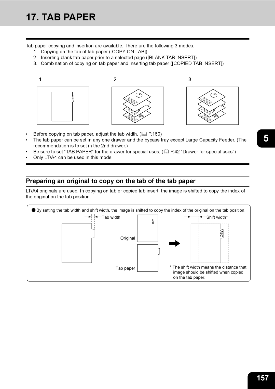 Toshiba 850, 720 manual TAB Paper, 157, Preparing an original to copy on the tab of the tab paper 