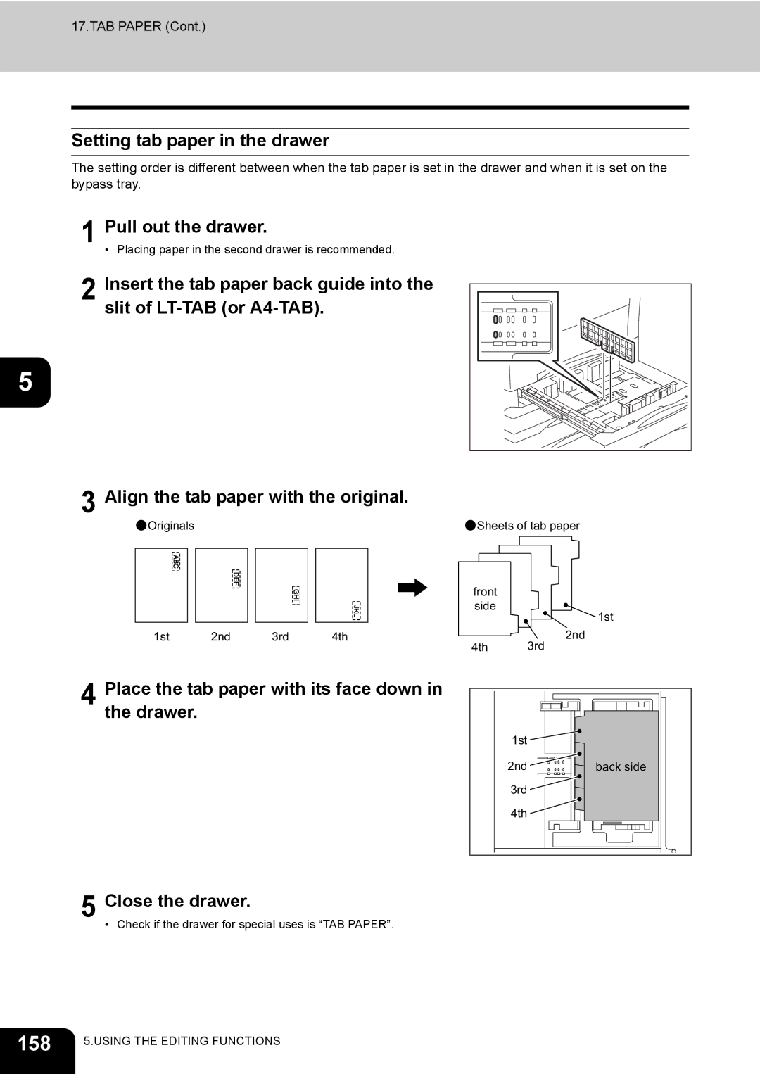 Toshiba 720 158, Setting tab paper in the drawer, Place the tab paper with its face down in the drawer, Close the drawer 