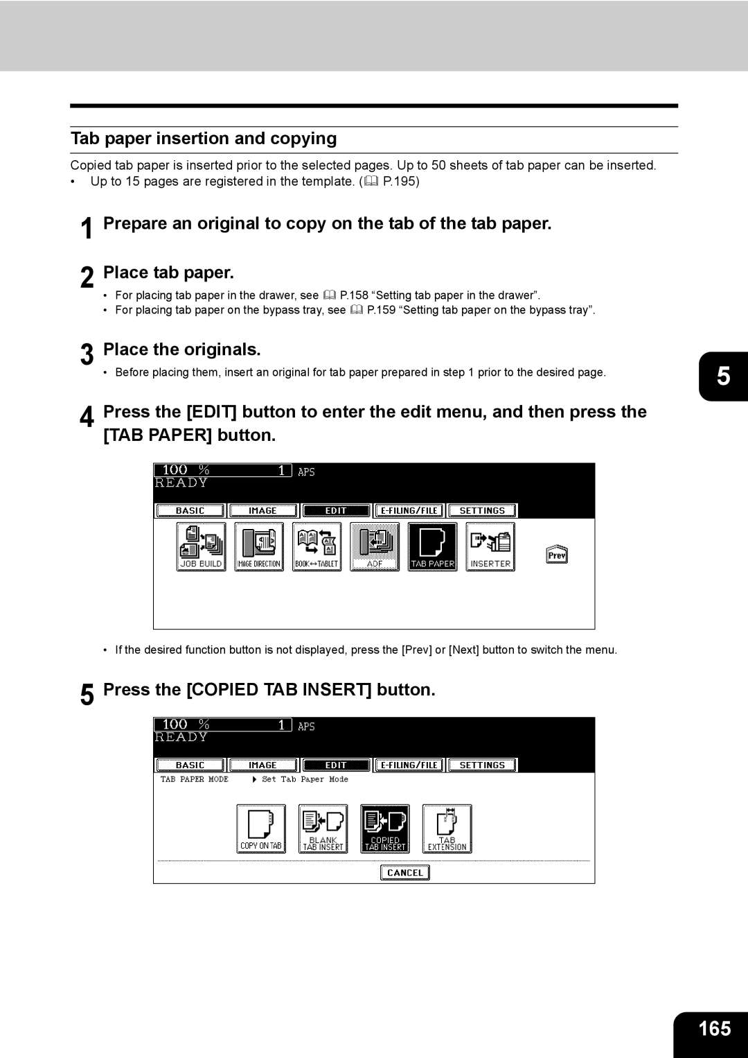 Toshiba 850, 720 manual 165, Tab paper insertion and copying, Press the Copied TAB Insert button 