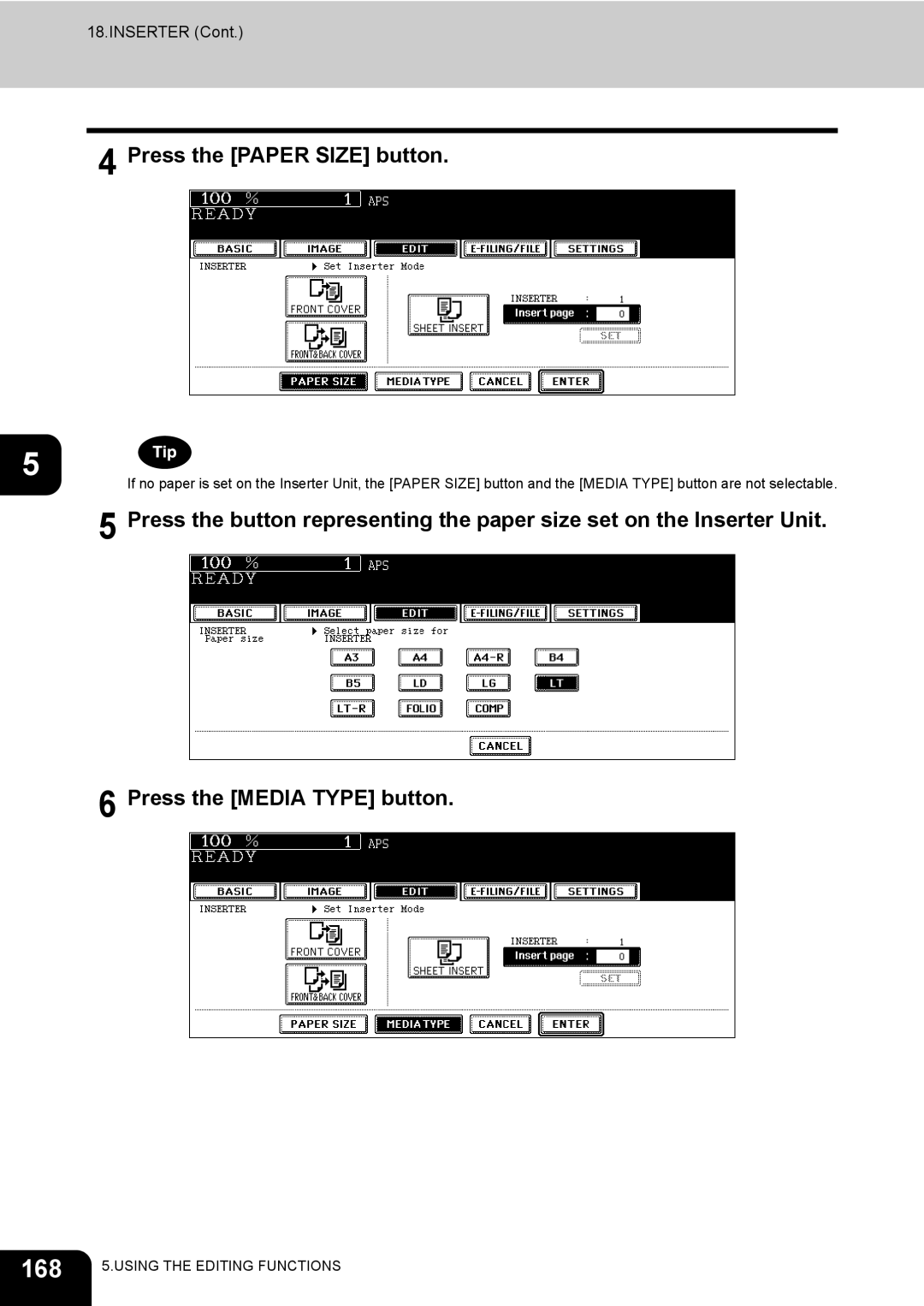 Toshiba 720, 850 manual 168, Press the Paper Size button 