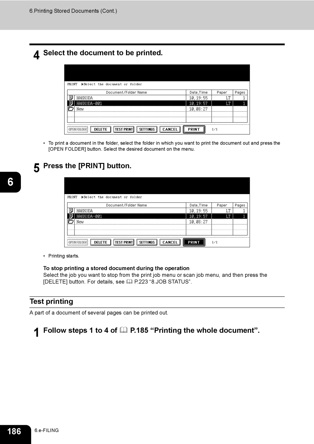 Toshiba 720, 850 manual Select the document to be printed, Press the Print button, Test printing, Follow steps 1 to 4 