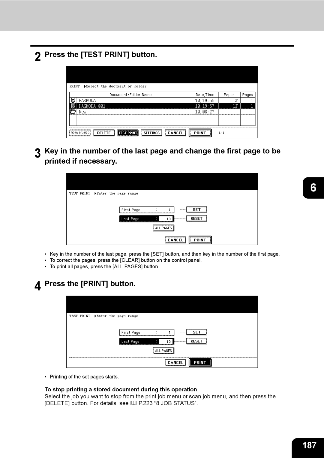 Toshiba 850, 720 manual 187, To stop printing a stored document during this operation 