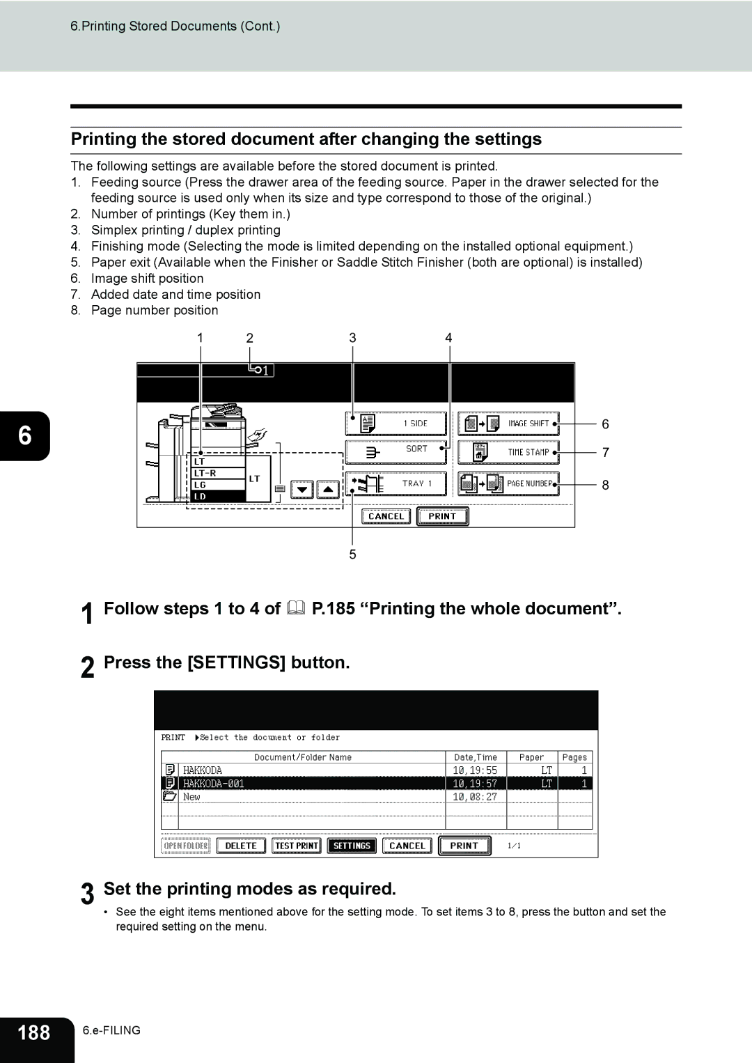 Toshiba 720, 850 manual Printing the stored document after changing the settings, Press the Settings button 