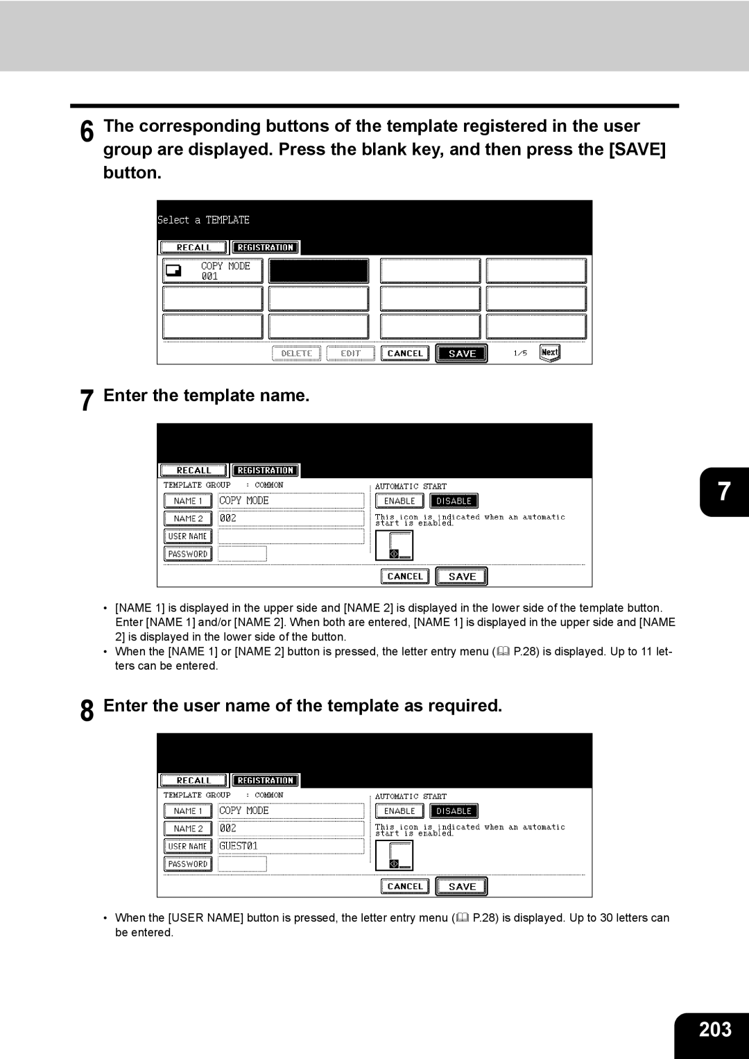 Toshiba 850, 720 manual 203, Enter the user name of the template as required 