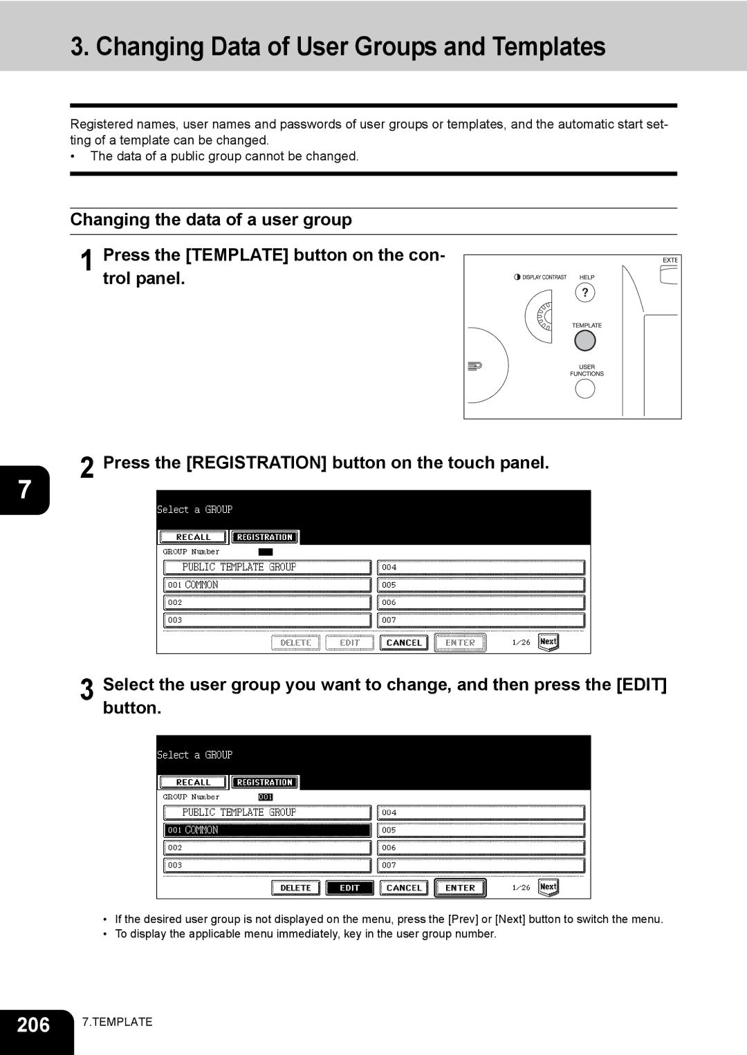 Toshiba 720, 850 manual Changing Data of User Groups and Templates 