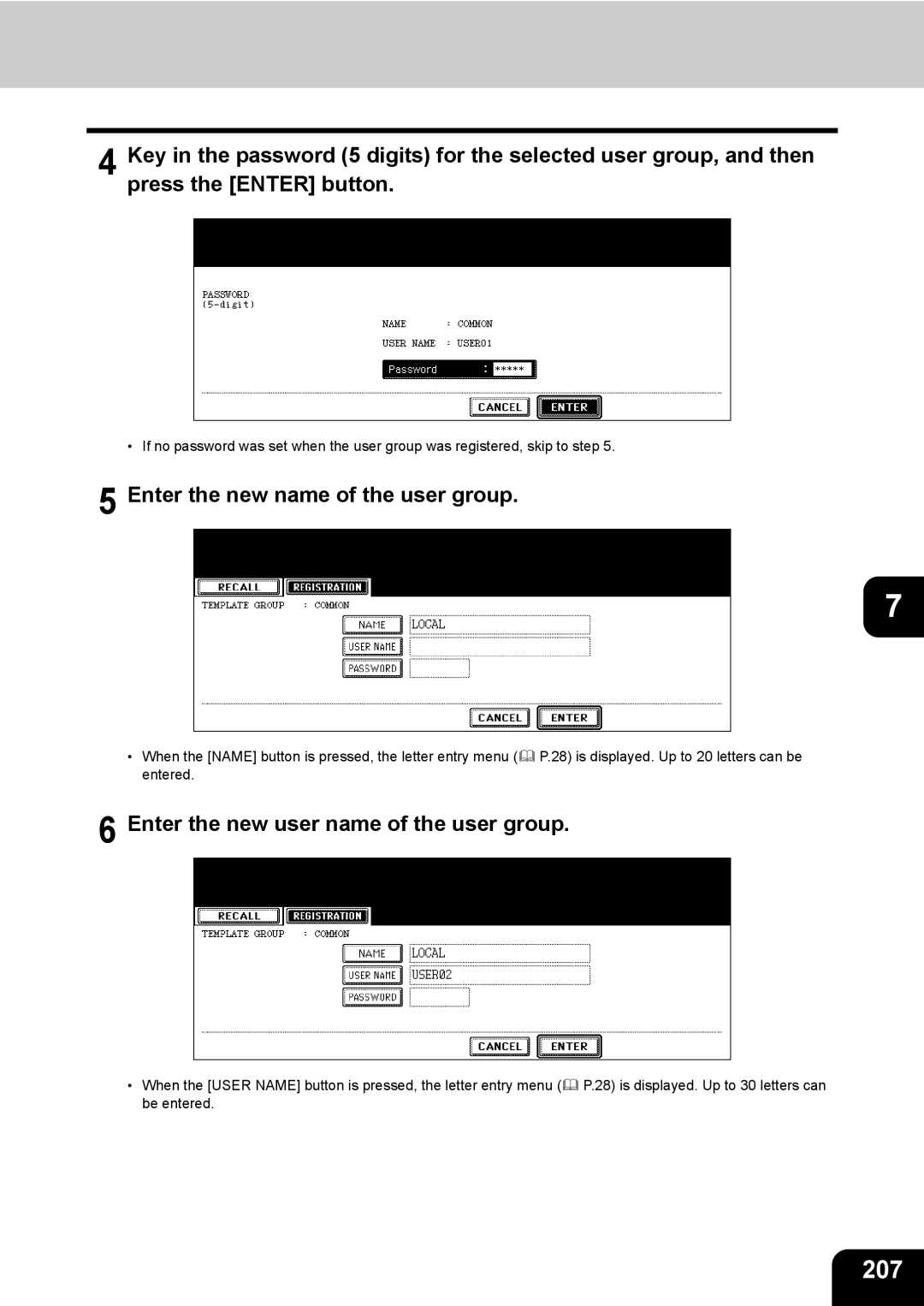 Toshiba 850, 720 manual 207, Enter the new name of the user group, Enter the new user name of the user group 