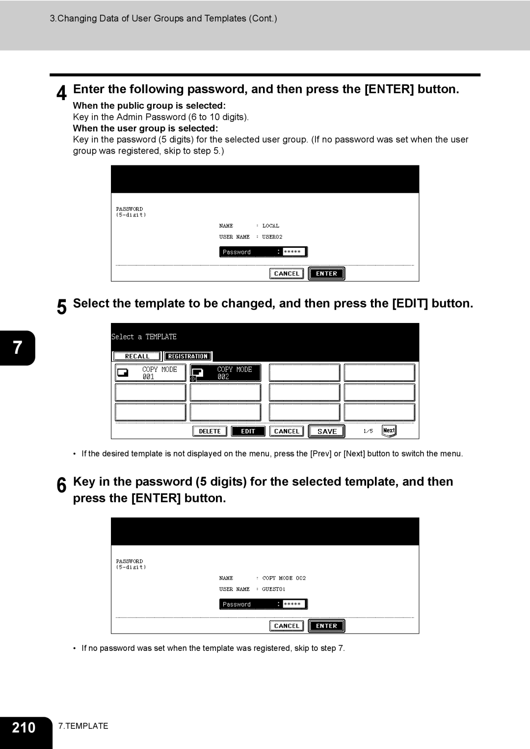 Toshiba 720, 850 manual When the public group is selected, When the user group is selected 