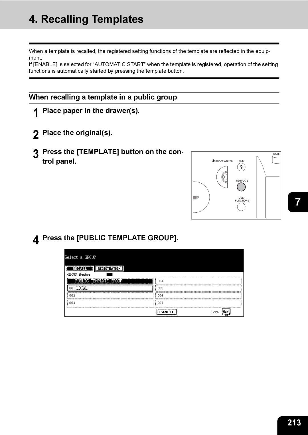 Toshiba 850, 720 manual Recalling Templates, 213 