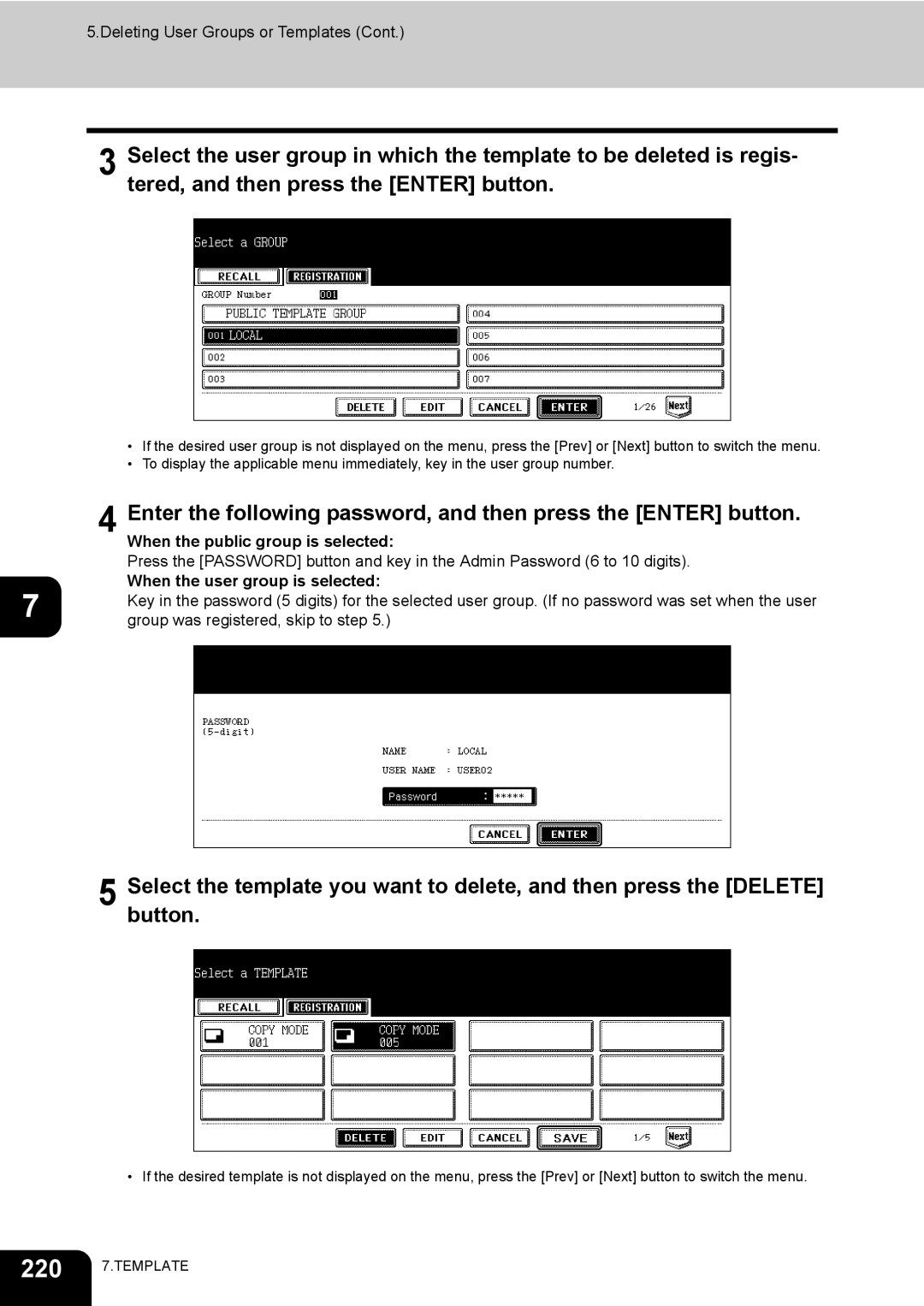 Toshiba 720, 850 manual When the public group is selected, Group was registered, skip to step 