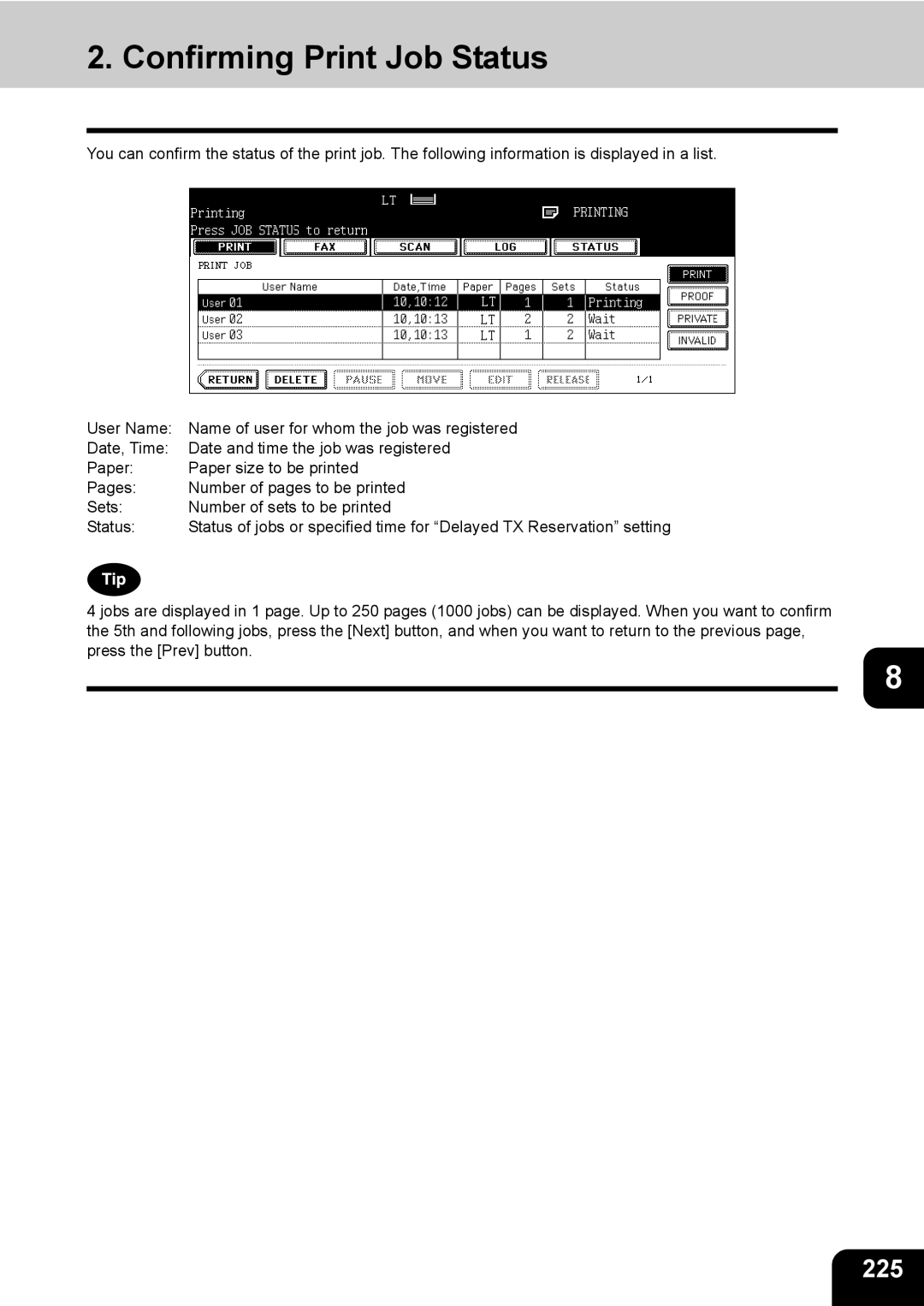 Toshiba 850, 720 manual Confirming Print Job Status, 225 