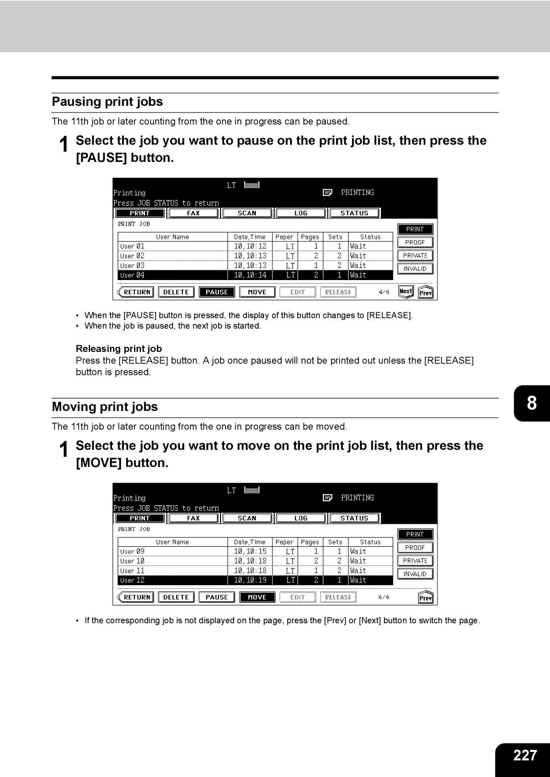 Toshiba 850, 720 manual 227, Pausing print jobs, Moving print jobs, Releasing print job 