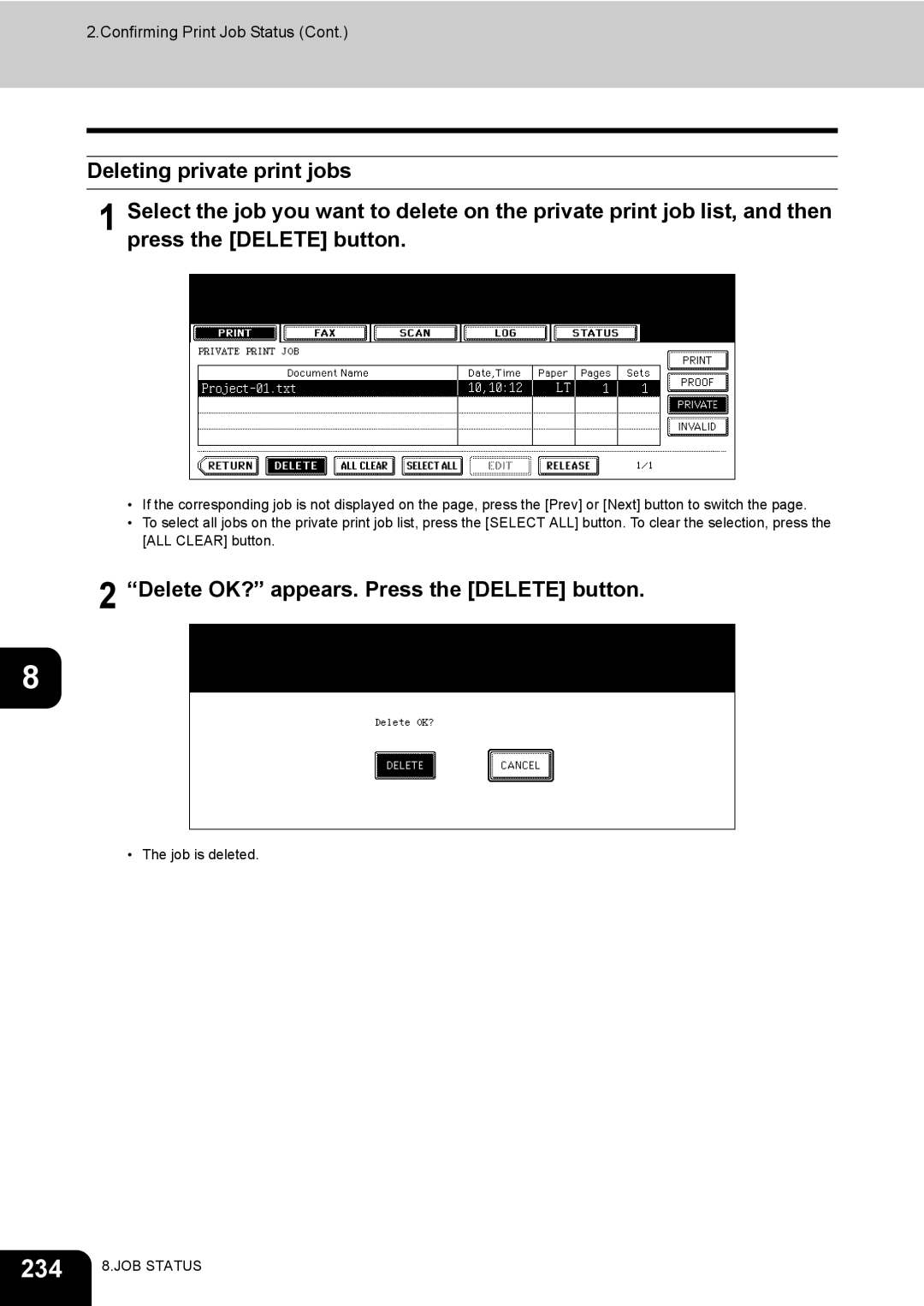 Toshiba 720, 850 manual 234, Delete OK? appears. Press the Delete button 