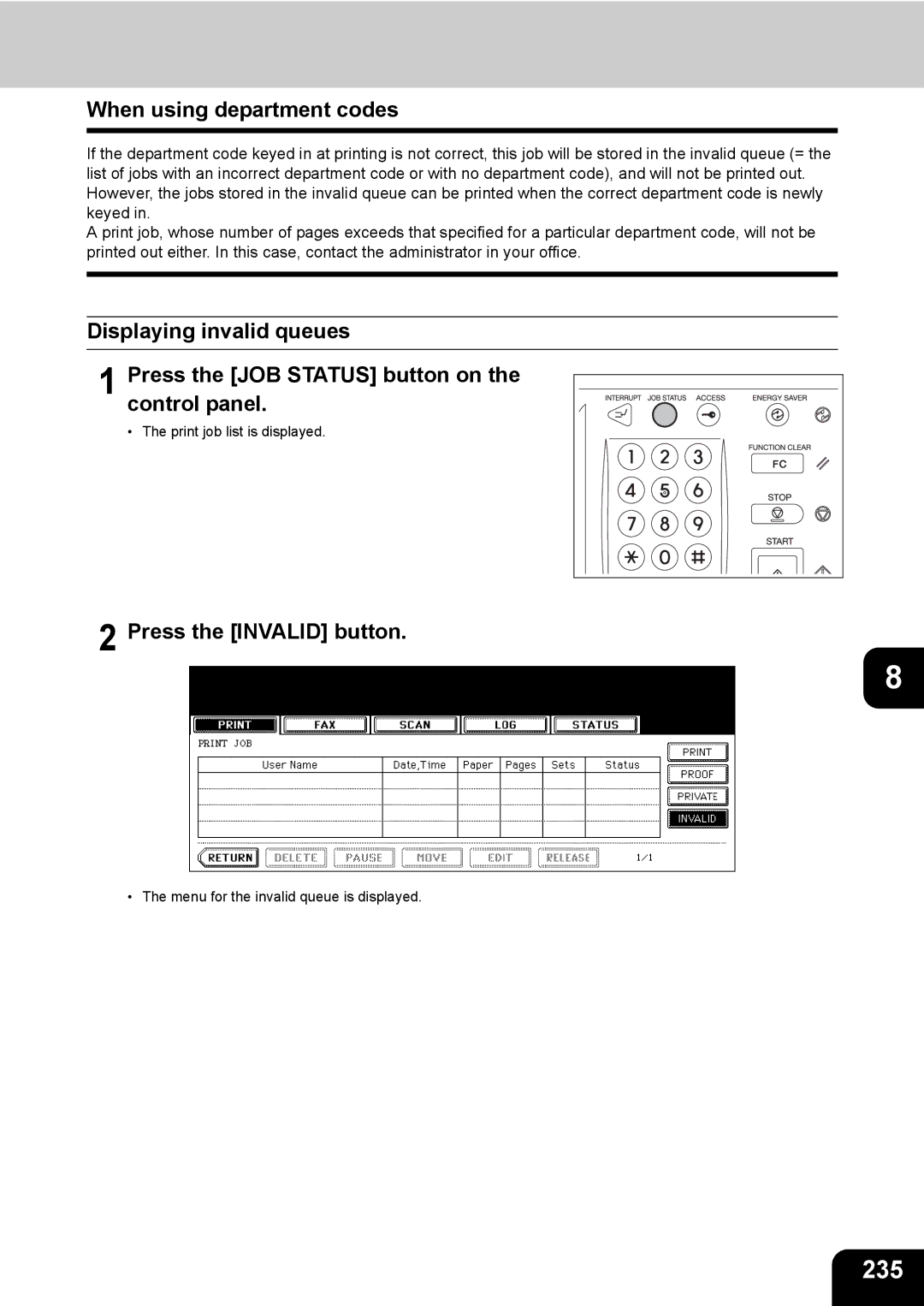 Toshiba 850, 720 manual 235, When using department codes, Press the Invalid button 