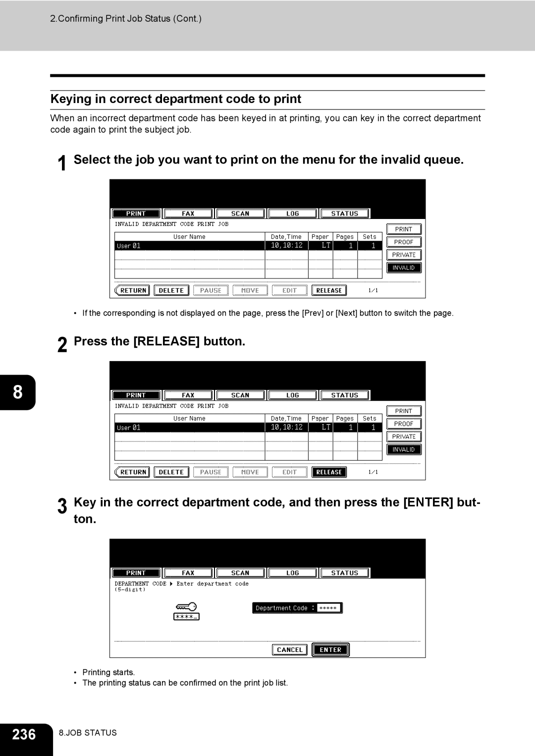 Toshiba 720, 850 manual 236, Keying in correct department code to print 