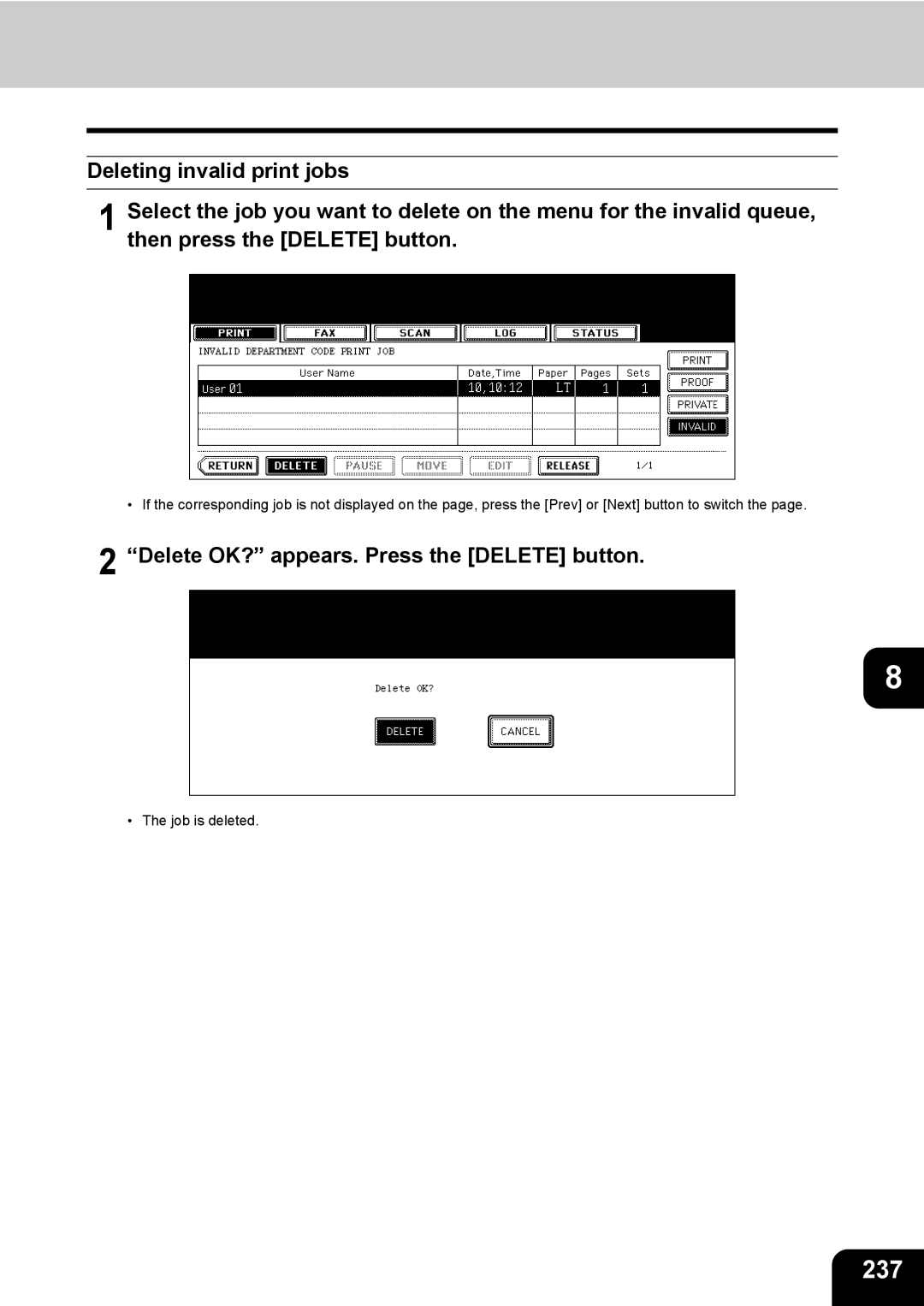 Toshiba 850, 720 manual 237, Delete OK? appears. Press the Delete button 