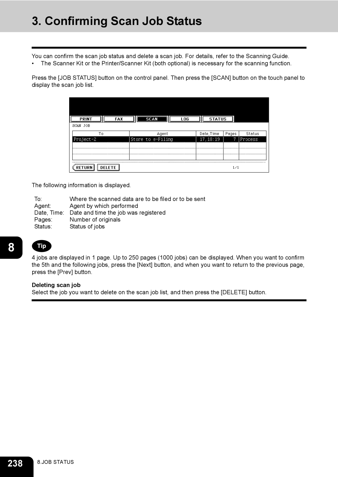 Toshiba 720, 850 manual Confirming Scan Job Status, 238, Deleting scan job 