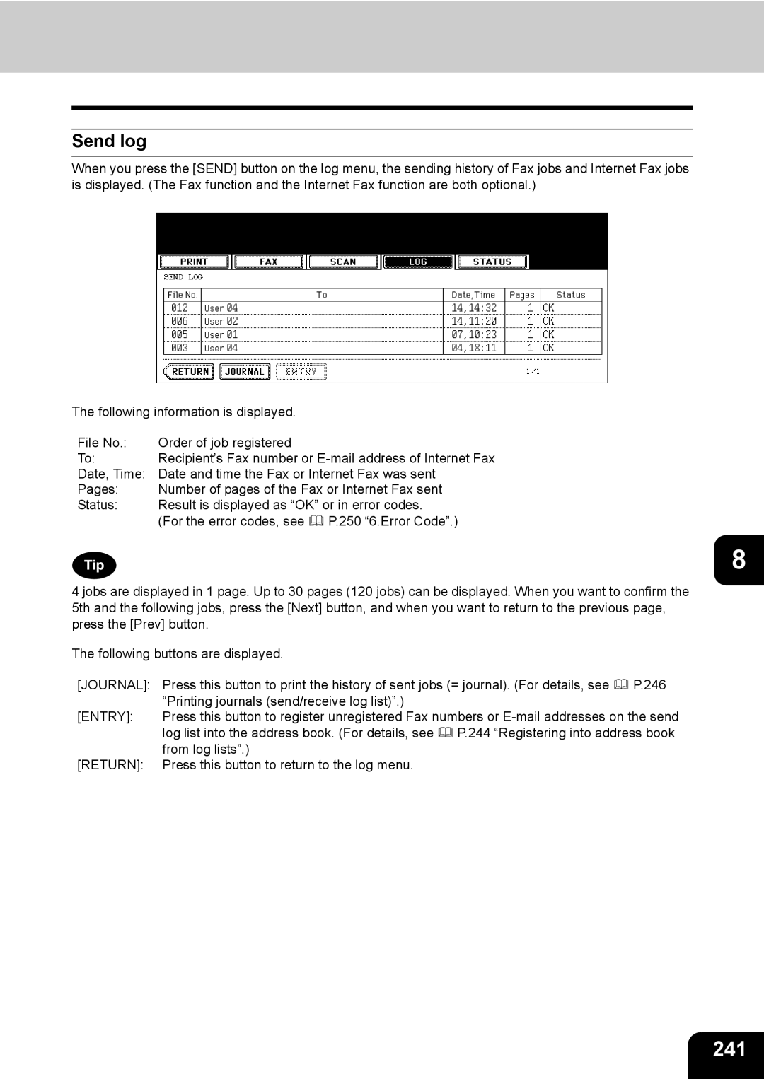 Toshiba 850, 720 manual 241, Send log 