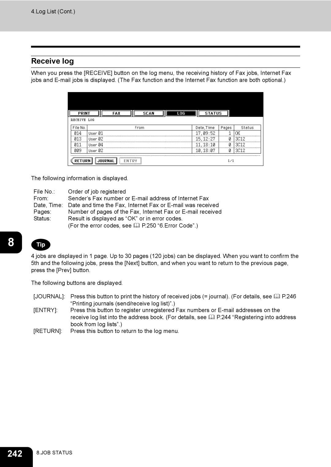 Toshiba 720, 850 manual 242, Receive log 