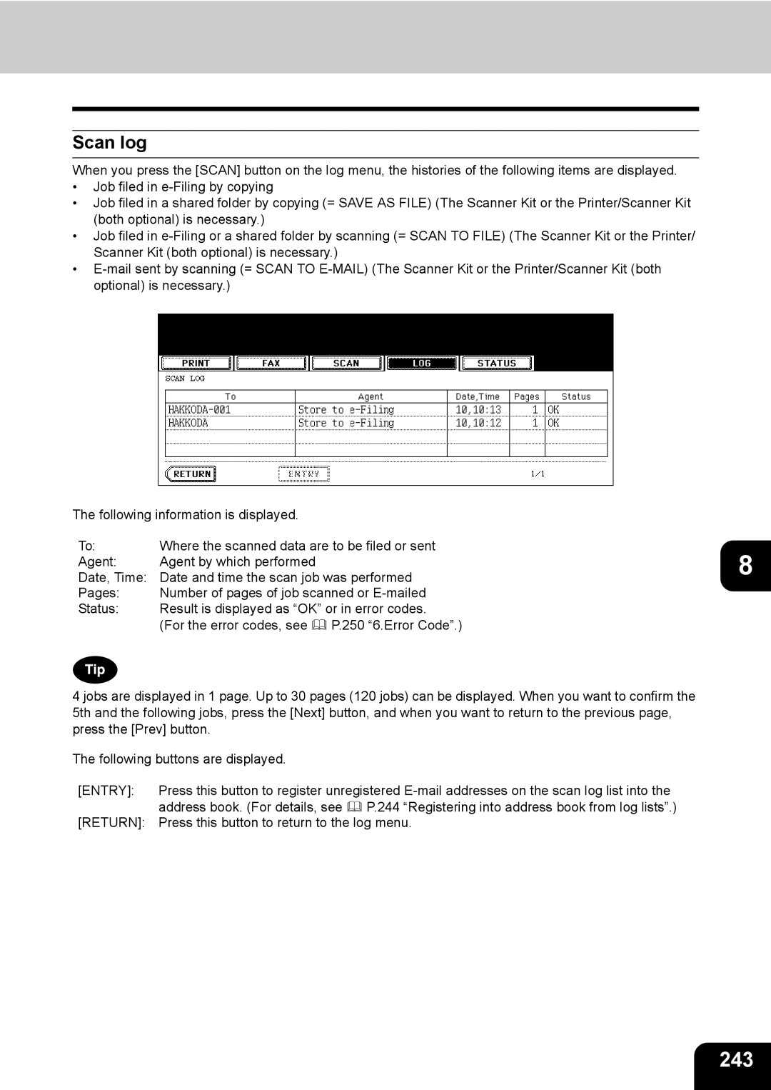 Toshiba 850, 720 manual 243, Scan log 